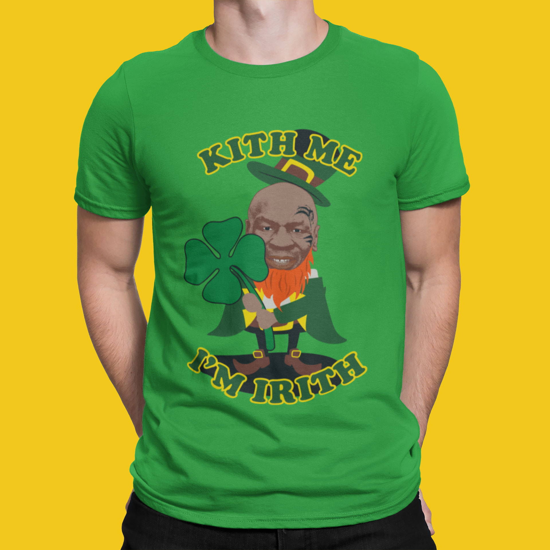 mockup of a man wearing a customizable t shirt against a plain color backdrop 1422 el Kiss Me I'm Irish Mike Tyson
