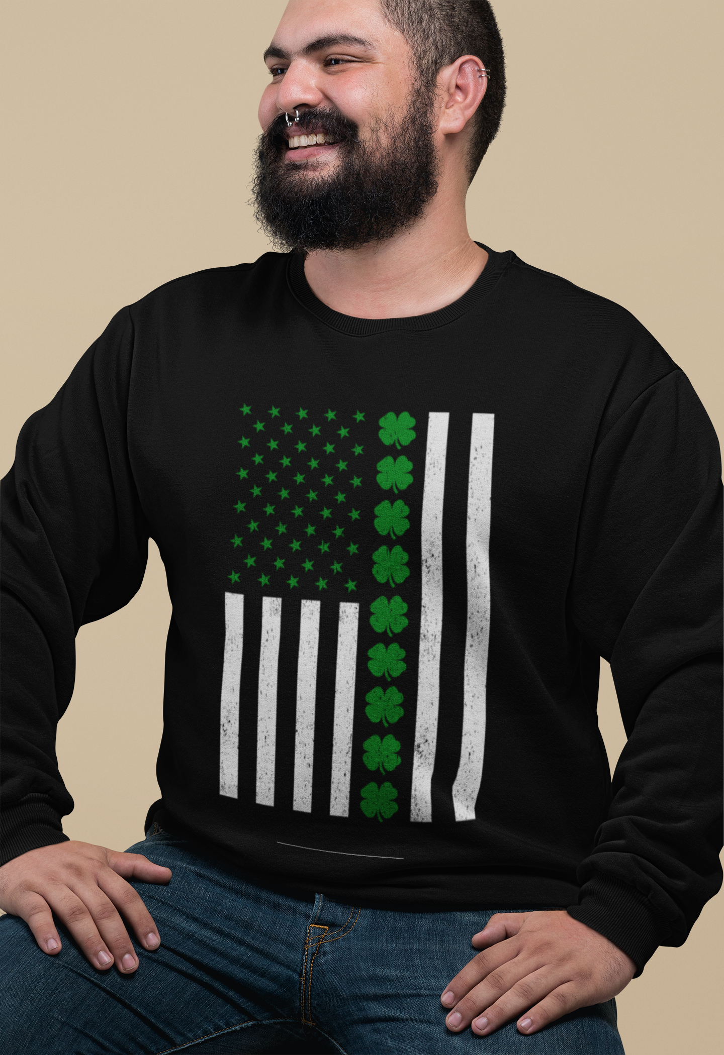 plus size crewneck sweatshirt mockup of a smiling man with a nose piercing 277624 American Irish Flag St Patricks Day Sweatshirt