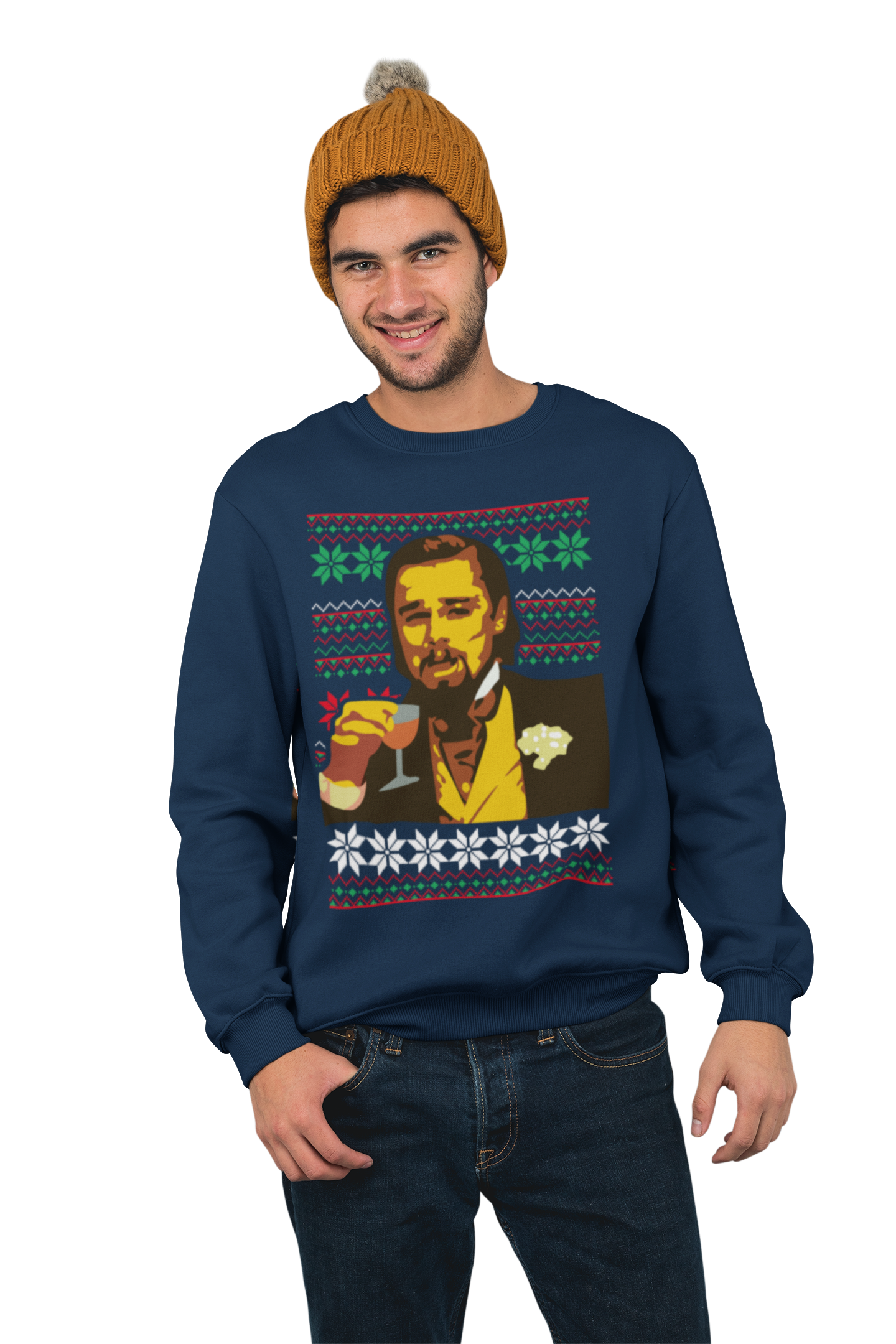 Leo Di Caprio Funny Laughing Meme Christmas Sweatshirt Navy Blue Leo Funny Laughing Meme Christmas Sweatshirt Navy Blue